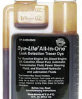 Tracer Dye-Lite All-In-One leak-detection dye bottle; amber plastic container with built-in measuring chamber for automotive use.