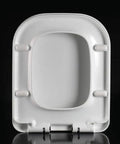 Heavy Duty Square Toilet Seat Boasting Dead Quiet Soft Close Hinges And Ridiculously Simple Quick Release Hardware Painted In Crisp White Durable Duroplast For Standard Bathrooms top view showing smooth white duroplast surface with quick release mounts.