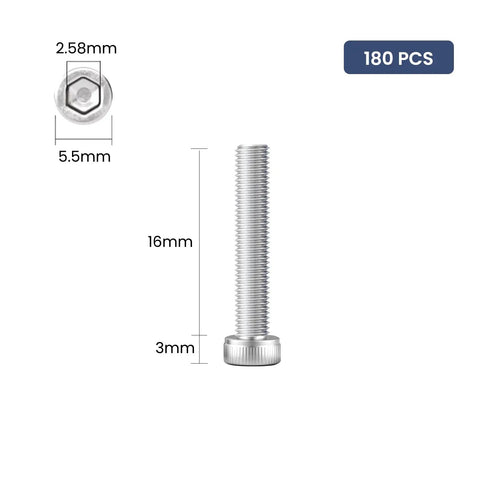 Heavy Duty 180 Pack M3 X 16mm Hex Socket Head Capscrews Made From Rock Solid 304 Stainless Steel, showing dimensions and details.