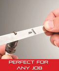Close-up of a Tempered Steel Thickness Gauge With 26 Leaves For Carpenters And DIY Pros, English Fractions Readout in use.
