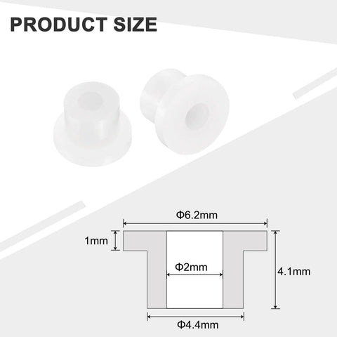 White nylon flanged sleeve bearing, bore 2mm, OD 4.4mm, length 4.1mm; two shown (60 pcs)