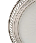 Close-up of frosted glass lens and nickel finish grill of Round Bath Fan With Light In Nickel Finish, 70 CFM Vent With Decorative Grill.