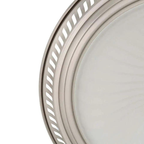 Close-up of frosted glass lens and nickel finish grill of Round Bath Fan With Light In Nickel Finish, 70 CFM Vent With Decorative Grill.
