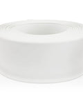 Non-Adhesive White Vinyl Wall Base 4 In By 80 Ft, Flexible Floor Baseboard Trim rolled showing smooth white surface