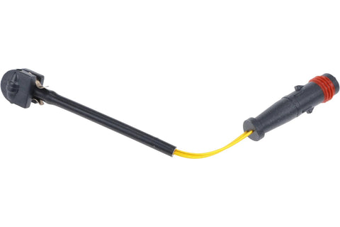Front-right brake pad wear sensor for Mercedes-Benz S550; side view, black housing with yellow wires and red seal