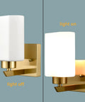 Side-by-side view of modern gold wall sconce vanity light with milky white glass shade set of 2 for bathroom and bedroom.
