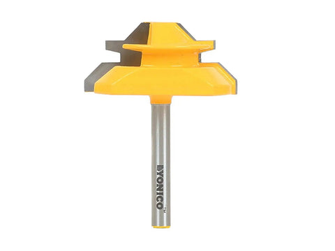 Top Tier Tungsten Carbide Lock Miter Router Bit For 45 Degree Interlocking Joints with 1/4 inch shank, ideal for table mount routers.