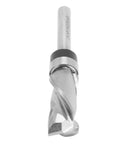 Heavy Duty Spiral Router Bit With Premium Tungsten Steel Build For Smooth Plywood And Melamine Board Slotting Plus Efficient Chip Removal In Flush Trim Design With 1/4 Inch Shank For DIY Pros, close-up view.