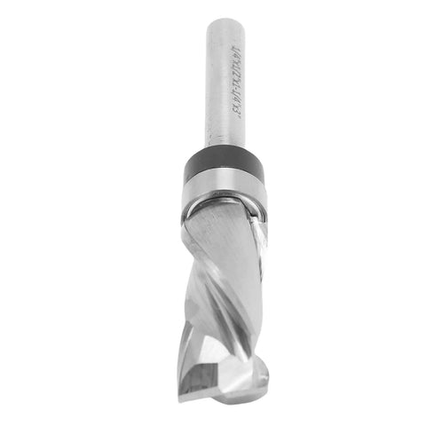 Heavy Duty Spiral Router Bit With Premium Tungsten Steel Build For Smooth Plywood And Melamine Board Slotting Plus Efficient Chip Removal In Flush Trim Design With 1/4 Inch Shank For DIY Pros, close-up view.