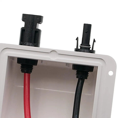 Double Cable Solar Cable Entry Gland for Roofs and Decks Weatherproof UV Resistant ABS Housing Lets Two Wires Pass Through a Single Roof Entry Easy Install For RV Boat Camper Van Marine Solar Installations 10AWG 0.33 ft. on white roof box with red and black cables