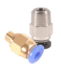 Two PC4-M6/M10 pneumatic push-to-connect fittings; brass and silver bodies with blue seals