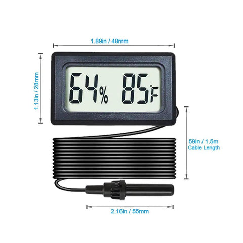 Quad Pack Mini Digital Hygrometer Thermometer With External Probe LCD Display showing 64% humidity and 85°F temperature
