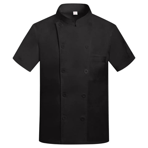 Unisex Chef Jacket And Short Sleeve Cook Shirt Built Damn Tough With Sweet Breathable Fabric Oblique Collar And Roomy Practical Pockets, black short sleeve chef coat.