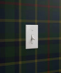 Light switch on Top Shelf Heavy Duty Leather Texture Commercial Grade Type Ii Vinyl Wall Covering in plaid pattern.