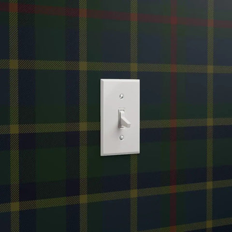 Light switch on Top Shelf Heavy Duty Leather Texture Commercial Grade Type Ii Vinyl Wall Covering in plaid pattern.