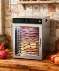 Heavy Duty 12 Tier Stainless Steel Food Dehydrator With Digital Timer And Precise Temperature Controls, drying apple slices and dragon fruit.