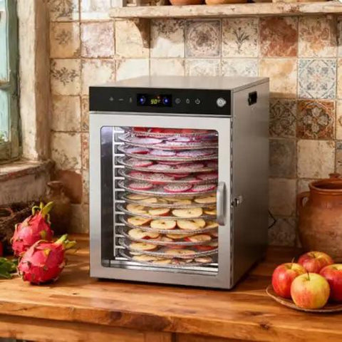 12 Tray Stainless Steel Food Dehydrator With Digital Display And 800 Watt Heating Element drying apple slices in clear front window.
