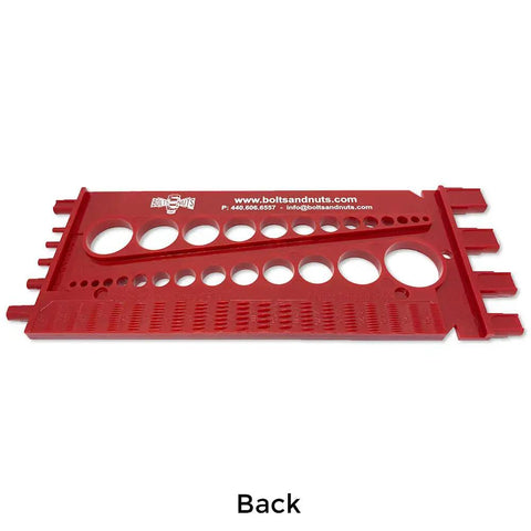 Back view of red plastic Pro Grade Screw Bolt Nut Thread Size Gauge Checker Inch And Metric Coarse And Fine Thread Tool