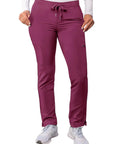 Snap Up These Super Comfy Women's Extended Drawstring Scrub Pants With Skinny Cargo Pockets The Low Key Go To Pick For Nurses And Clinics On Long Shifts Straight Up Professional Care In Wine Size Large, model wearing from front.