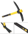 Close-up of 15-inch garden pick axe with yellow fiberglass handle and double head. Three Pack 15 Inch Garden Pick Axes With Fiberglass Handles.