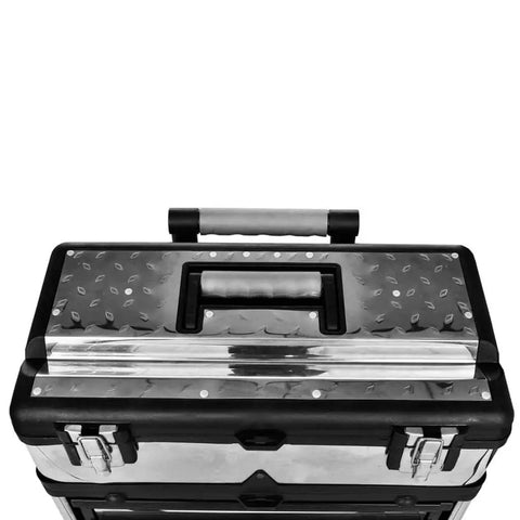 Rolling Three Part Toolbox Kit With Easy Grip Handle, Mobile Organizer On Wheels for Tools, Hardware, and Crafts top view.