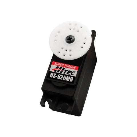 HS-625MG Heavy Duty Competition Servo with all-metal helical gears for RC cars and planes, shown from above with white gear