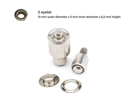Leather Hand Press Kit For Setting Rivets, Eyelets, And Snap Buttons with metal eyelet and dies shown in detail.