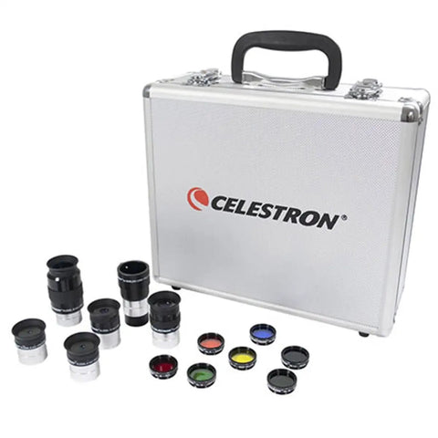 GoTo Telescope Bundle With 8SE Schmidt Cassegrain Computerized NexStar System eyepiece kit with case and filters displayed
