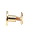 Built Tough Gold Chicago Screws, 20 Pack Heavy Duty Metal Rivets, close-up of gold screw rivet, 3x5mm post, 9x6.5mm collar.