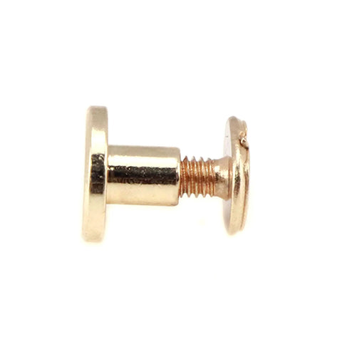Built Tough Gold Chicago Screws, 20 Pack Heavy Duty Metal Rivets, close-up of gold screw rivet, 3x5mm post, 9x6.5mm collar.
