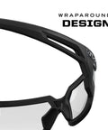 Kick Ass Industrial Safety Glasses With Clear Anti Fog Polycarbonate Lenses And Ventilated Temples That Crush Fog And Meet Ansi Z87 Standards For Sick Sharp Vision In A Rugged Black Frame Comes With Two Pairs close-up of wraparound black frame design.