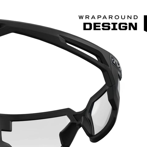 Kick Ass Industrial Safety Glasses With Clear Anti Fog Polycarbonate Lenses And Ventilated Temples That Crush Fog And Meet Ansi Z87 Standards For Sick Sharp Vision In A Rugged Black Frame Comes With Two Pairs close-up of wraparound black frame design.