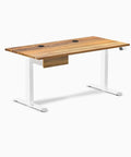Kickin Electric Sit Stand Desk Featuring Solid Teak Wood Surface Integrated Sliding Storage Drawer Smooth Silent Motor Lift Built Tough For Your Daily Office Grind And Style Vibes with white legs and storage.