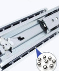 Professional Grade Top Tier Heavy Duty Lockable Full Extension Drawer Slides Ball Bearing close-up showing steel balls.