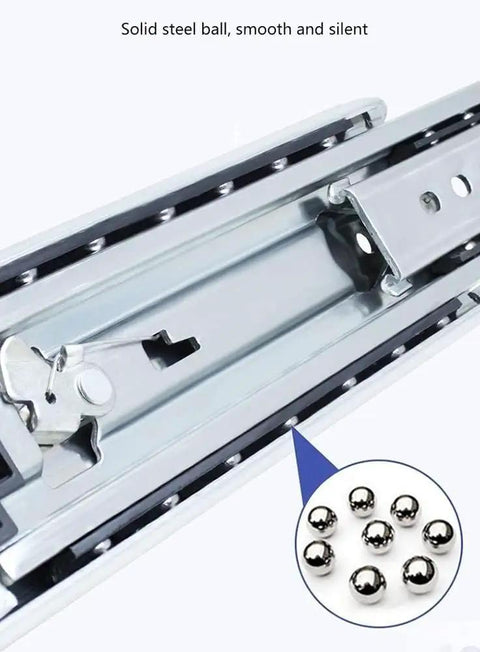 Professional Grade Top Tier Heavy Duty Lockable Full Extension Drawer Slides Ball Bearing close-up showing steel balls.