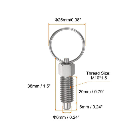 Killer Heavy Duty Stainless Steel Spring Plunger 2 Piece Pack With M10x1.5 Threads And Solid 6mm Round Pins close-up view with measurements.
