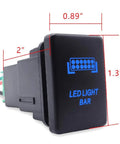 Toyota LED Push Switch With Blue Backlit Kit for dashboard, 1.3in x 0.89in, ABS plastic, with connector wire, dimensions shown