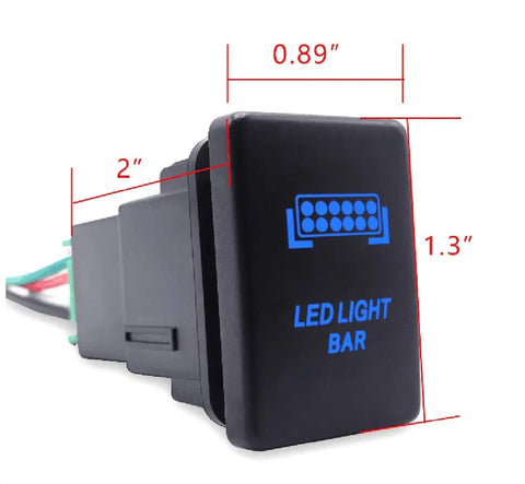 Toyota LED Push Switch With Blue Backlit Kit for dashboard, 1.3in x 0.89in, ABS plastic, with connector wire, dimensions shown