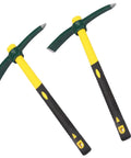 Dual Head 15 Inch Garden Pickaxe And Mattock Weeding Hoe, forged steel with ergonomic rubber handle, 2 pack shown on white background
