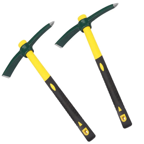 Dual Head 15 Inch Garden Pickaxe And Mattock Weeding Hoe, forged steel with ergonomic rubber handle, 2 pack shown on white background