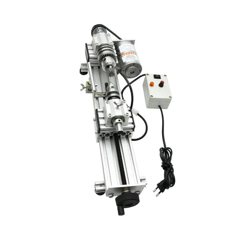 Mini 280W Metal And Woodworking Lathe Stepless Speed Control High Precision Turning Machine For DIY Bead Making Aluminum Alloy Construction, top view of motor and control panel.