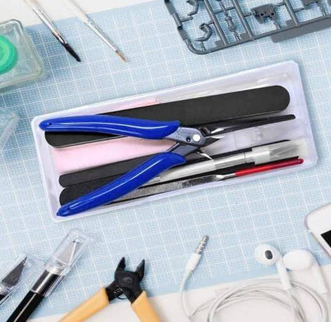 Mandala Crafts 13‑pc plastic model tools set with blue-handled clippers, tweezers, files and knife in case
