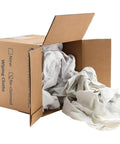 Open box of Reclaimed White Cotton T Shirt Rags For Shop Use Prewashed And Sanitized Low Lint Soft And Absorbent Rag Cloths
