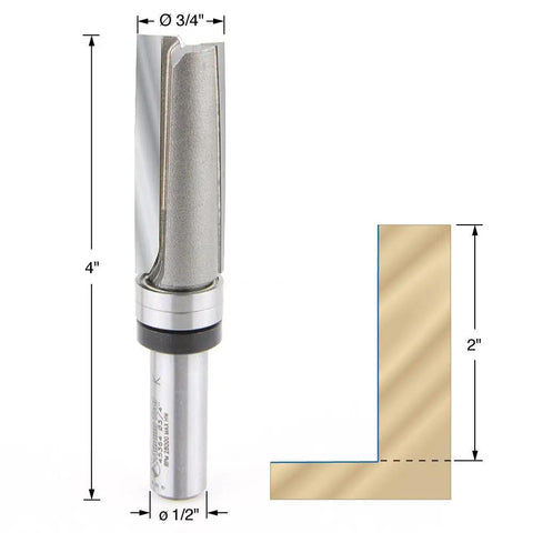Illustration of Carbide Tipped Down Shear Face Plunge Router Bit With Ball Bearing Pilot, Three Quarters Inch Diameter