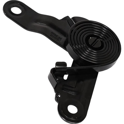 Hood hinge assembly, black metal with coiled torsion spring, close-up view.