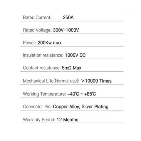 Heavy Duty CCS2 To CCS1 EV Charger Adapter specifications including 250A rated current and 1000V insulation resistance.