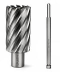 Front view of a JESTUOUS annular cutter with spiral flutes and a Weldon shank drill bit for magnetic drill press