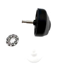 Side view of black front caster wheel for ECOVACS robot vacuum; includes metal axle, bearing plate, and spacer (3 pcs).
