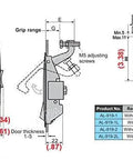 OWACH 2-pack compression latch AL-919-1L with locking, flush lever, grip range 0.04–0.94 in (front/side views).