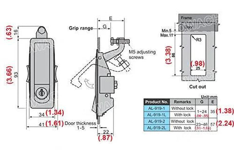 OWACH 2-pack compression latch AL-919-1L with locking, flush lever, grip range 0.04–0.94 in (front/side views).